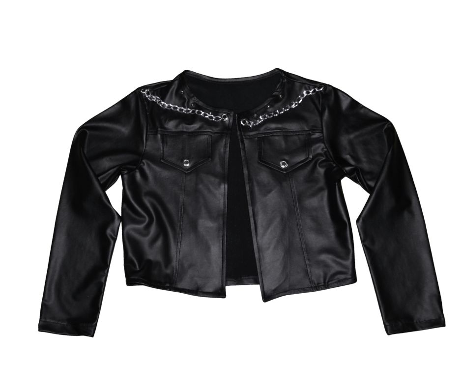 Chaqueta Negra de Cuerina con Cadenas Decorativas Estilo Rockero para Niña